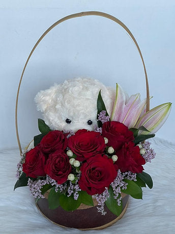 Pristine Roses and Lily with Bear in a Basket