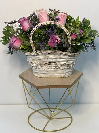 Pastel Fresh Pink & Purple Roses in a Woven Basket 