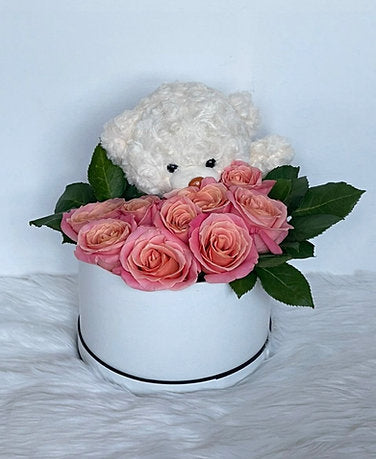 Pink Roses in Box with Cute Bear 