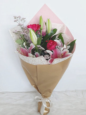 Blushing Pink Roses and Pink Lilies Bouquet
