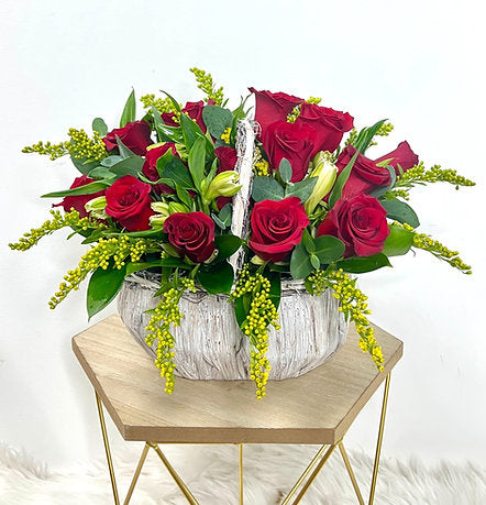 Sweet Fresh Red Roses in a Cute Woven Basket 