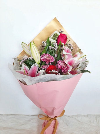 Vibrant Fresh Pink Lilies and Chrysanthemums Bouquet 