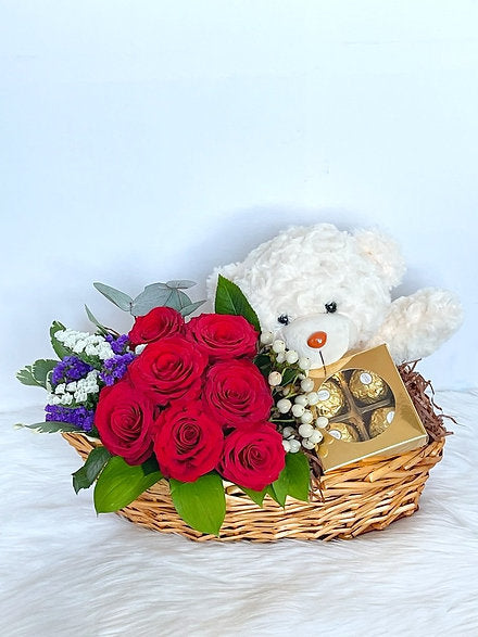 Royal Red Roses with Chocolates and Bear