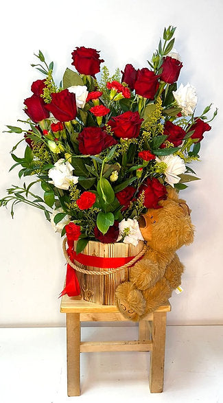 Long Stem Roses Arrangement with Cute Bear