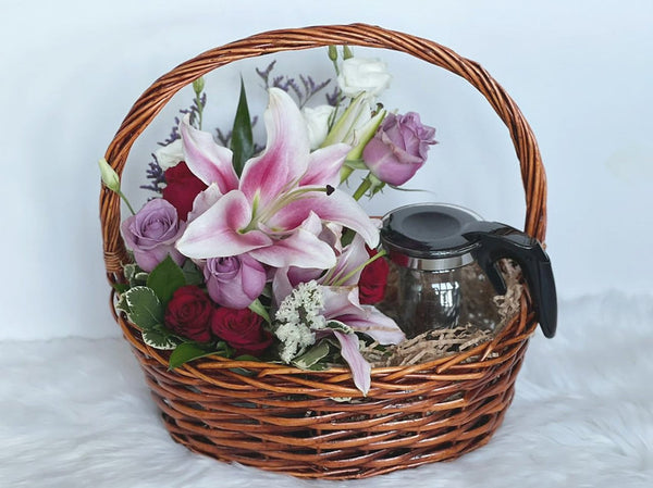 Blossoming Pink Lilies with Tea Glass Pot