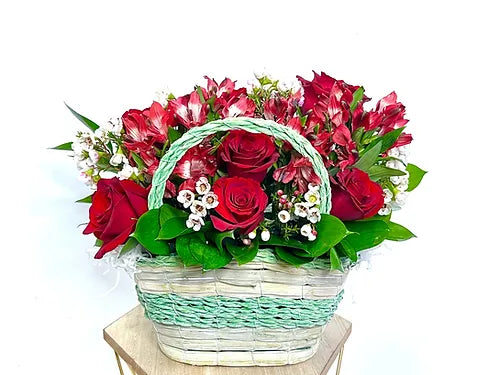 Fresh Red Roses & Alstromeria in a Woven Basket 