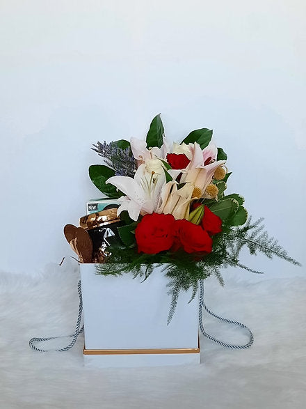 Chic Mixed Fresh Flowers in a box with coffee set