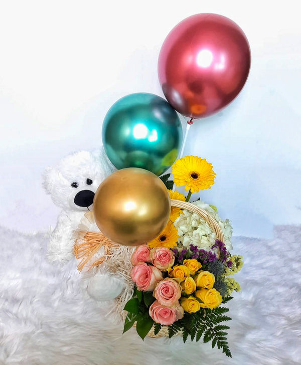 Ravishing Flower Arrangement with Bear and Baloon