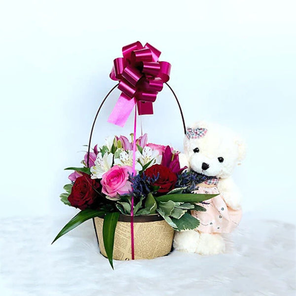 Bear with Flower Arrrangement in a Basket