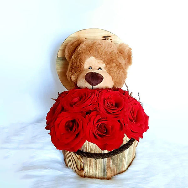 Bucket full of Red Roses with Teddy 