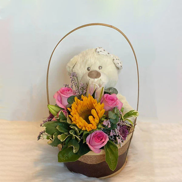 Chic Mixed Fresh Flowers with a Cute Bear in a Basket kit