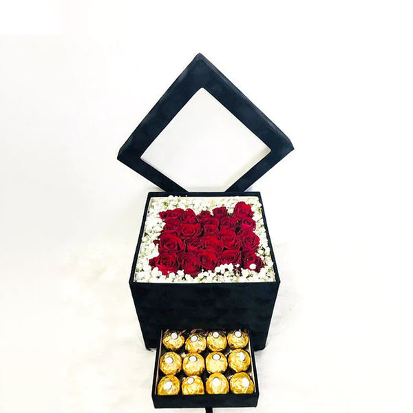 Roses and Chocolate in Velvet Box