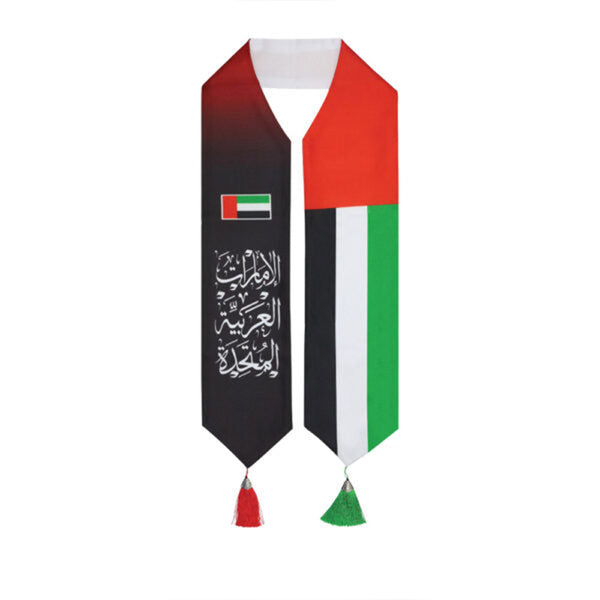 UAE Flag Scarf with Arabic Writing, Red & Green Tassel 